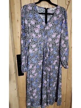 LOFT Midi Dress Womens 2 Pink Black Floral Long Sleeve Boho Fairy Cottagecore